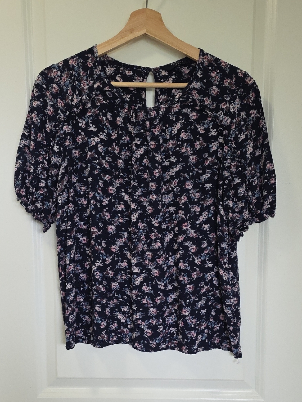 Lucky Brand Navy Floral Short Sleeve Blouse with Pink and White Flowers